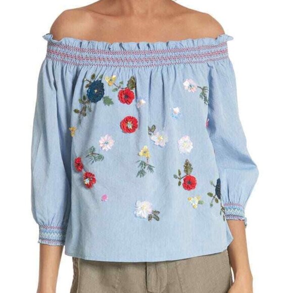 NWT Joie Off-the-Shoulder Floral Embroidered Chambray Top Blue Blouse - Picture 3 of 12